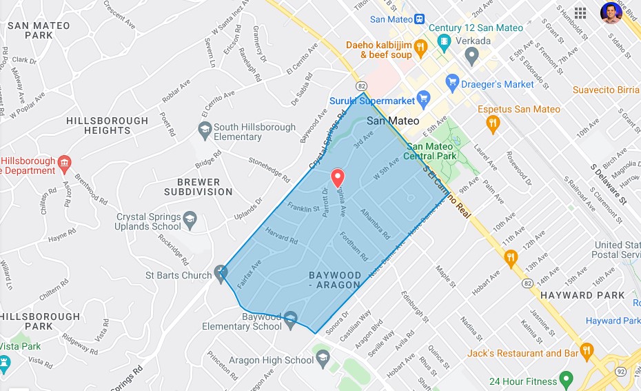 Map of The Baywood & Parrot Park Neighborhood in San Mateo, CA 94402