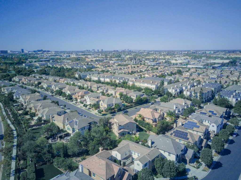 aerial view of houses in a neighrborhood